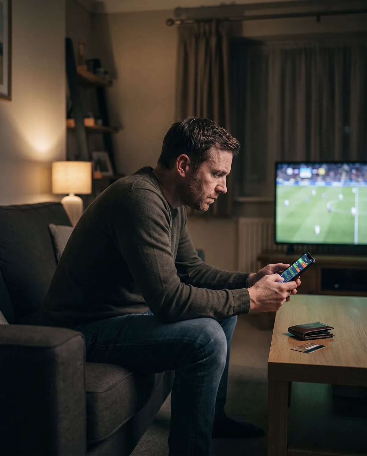 A man using a sports betting app on his phone while watching football at home.