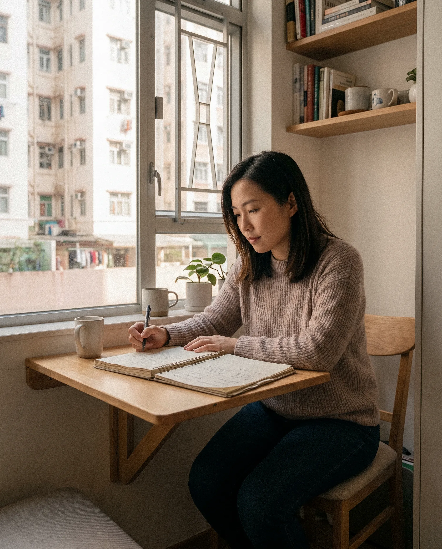 Person working through written notes at a table in a Hong Kong apartment.