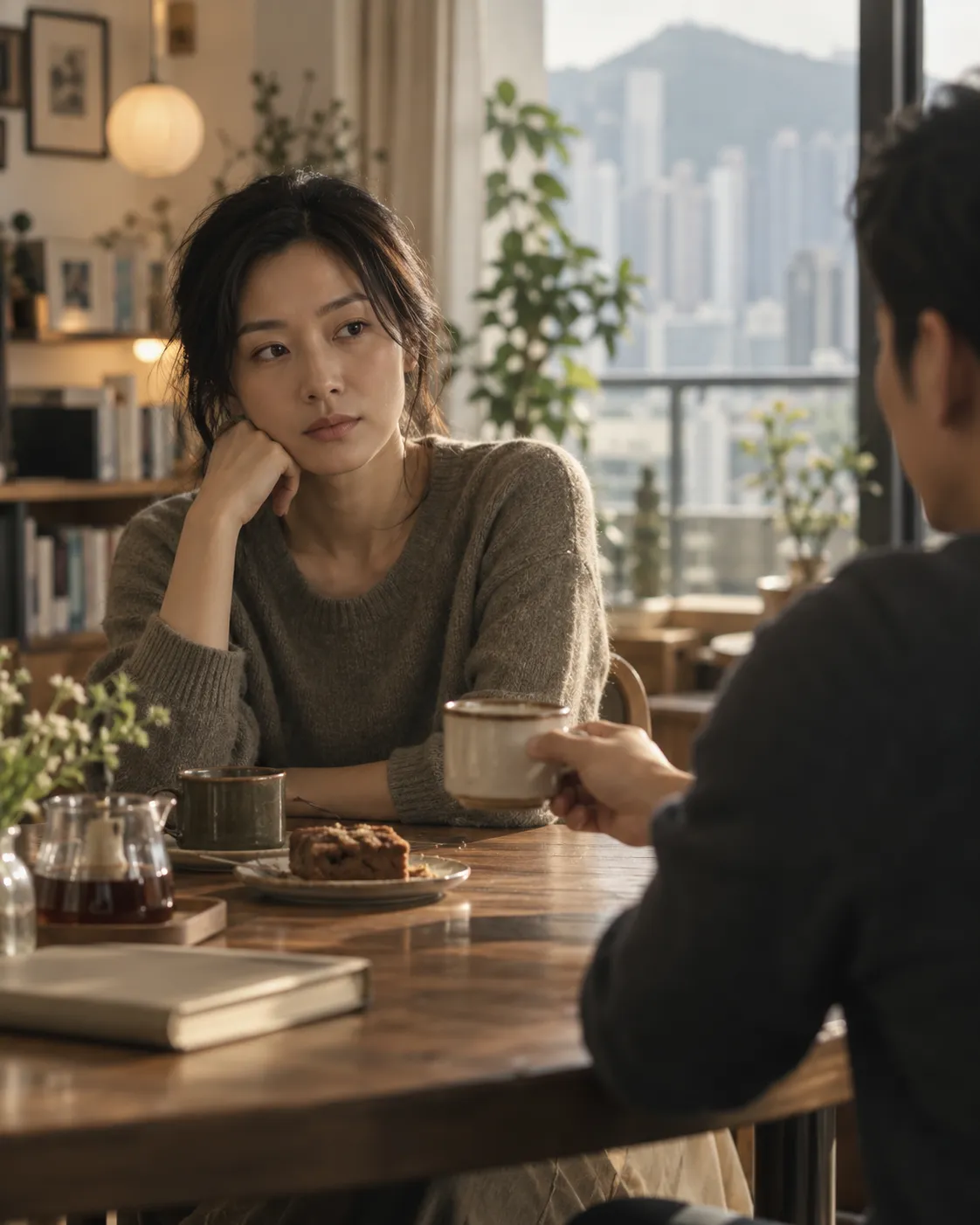 Two people seated across a table in a quiet Hong Kong apartment, one offering a cup while the other listens.