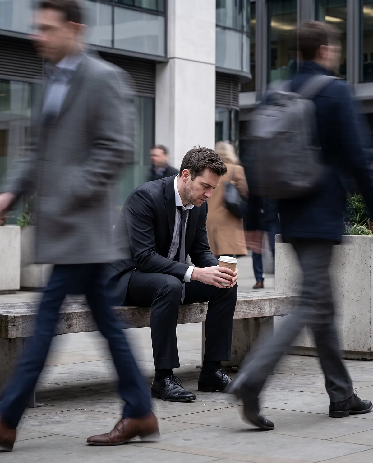 Businessman sitting still with a coffee while commuters move around him