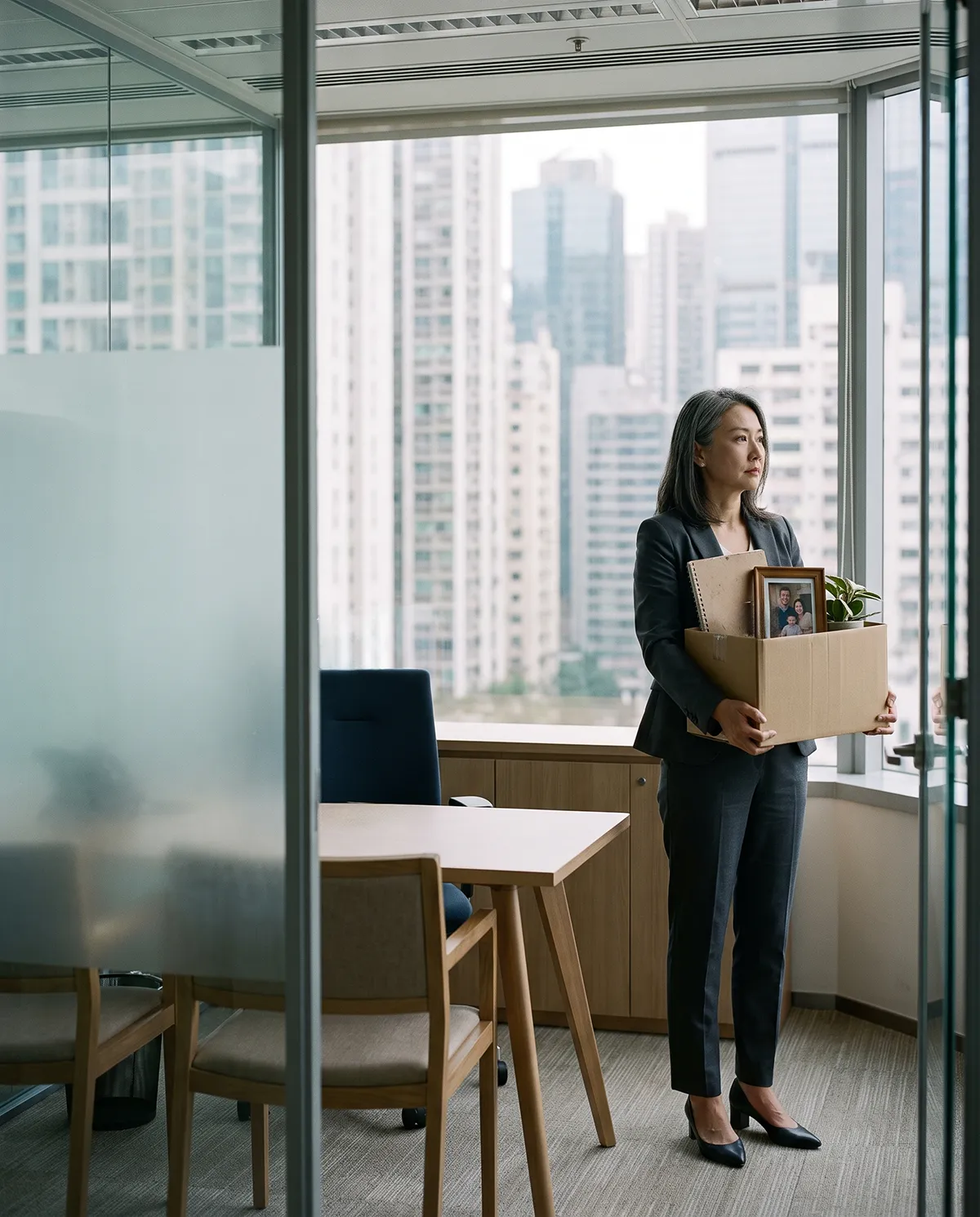 A woman with a box of personal belongings pauses in an office overlooking Hong Kong.