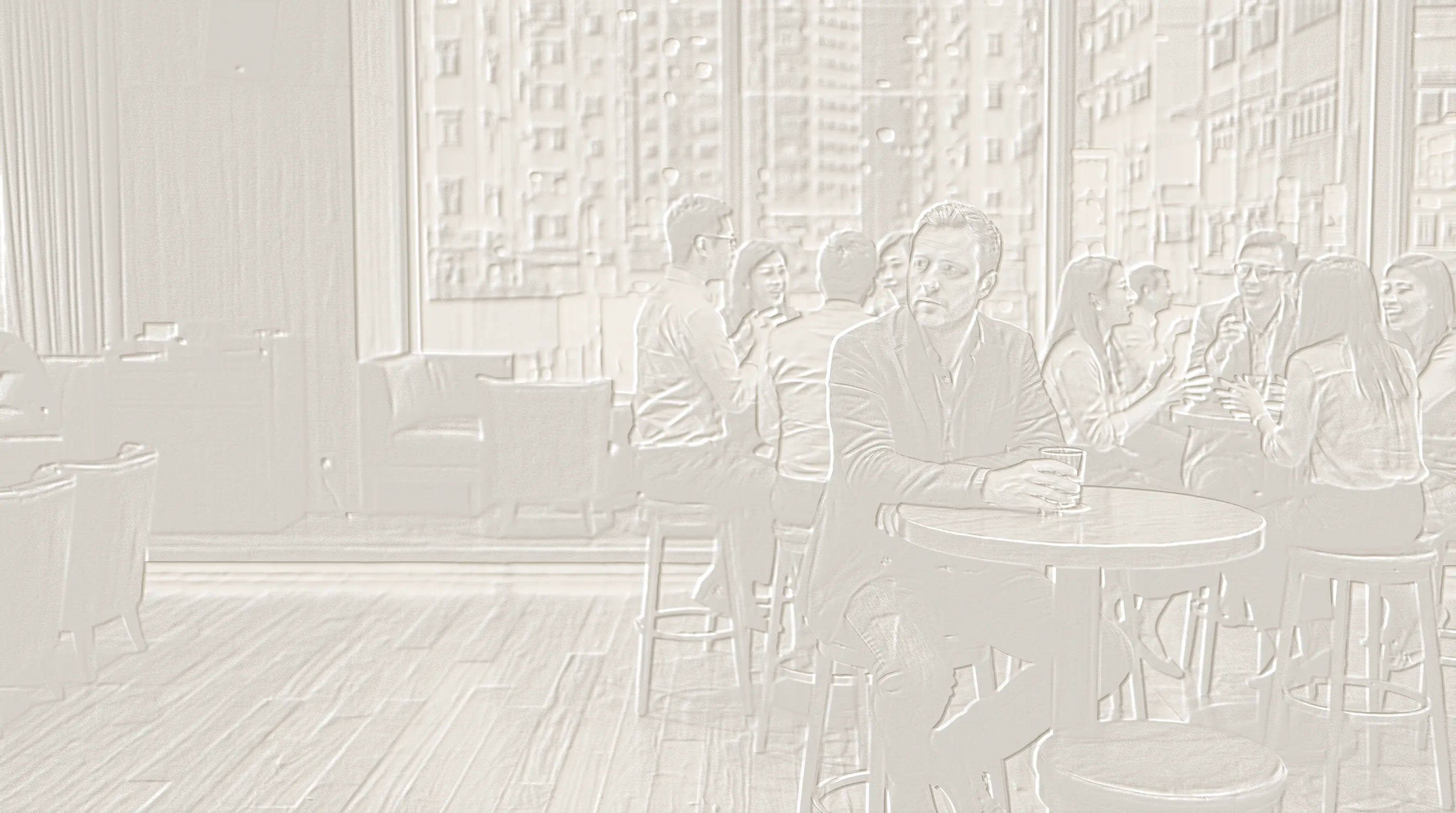Embossed scene of a man sitting alone in a Hong Kong bar while groups of people socialise nearby.
