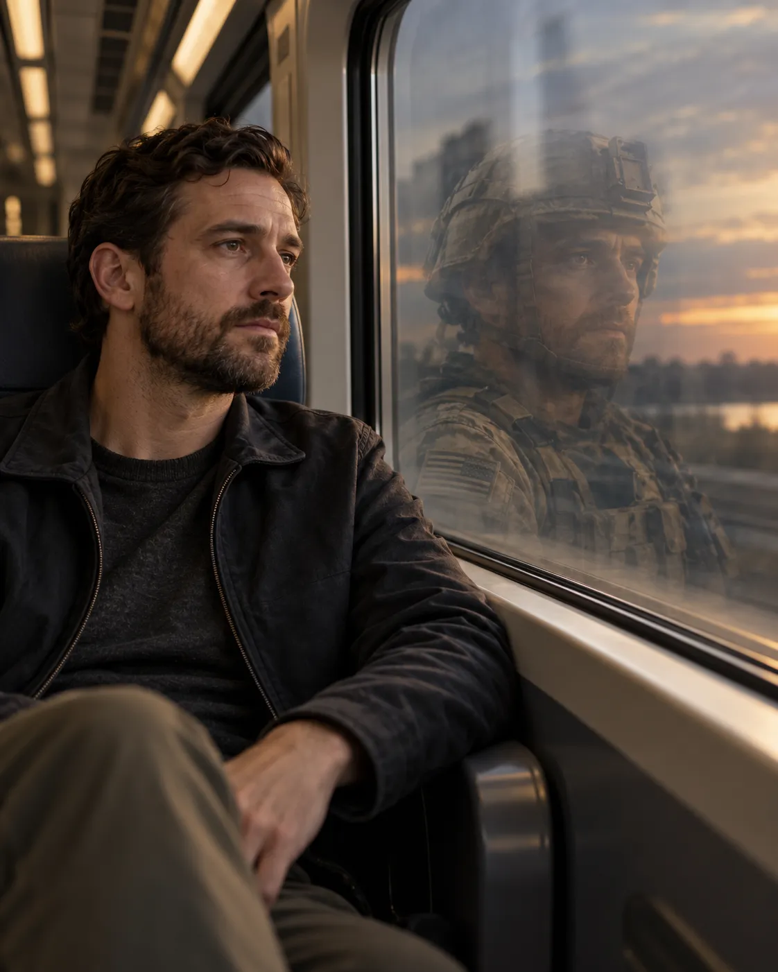 A man on public transport with a reflection suggesting an earlier military experience.