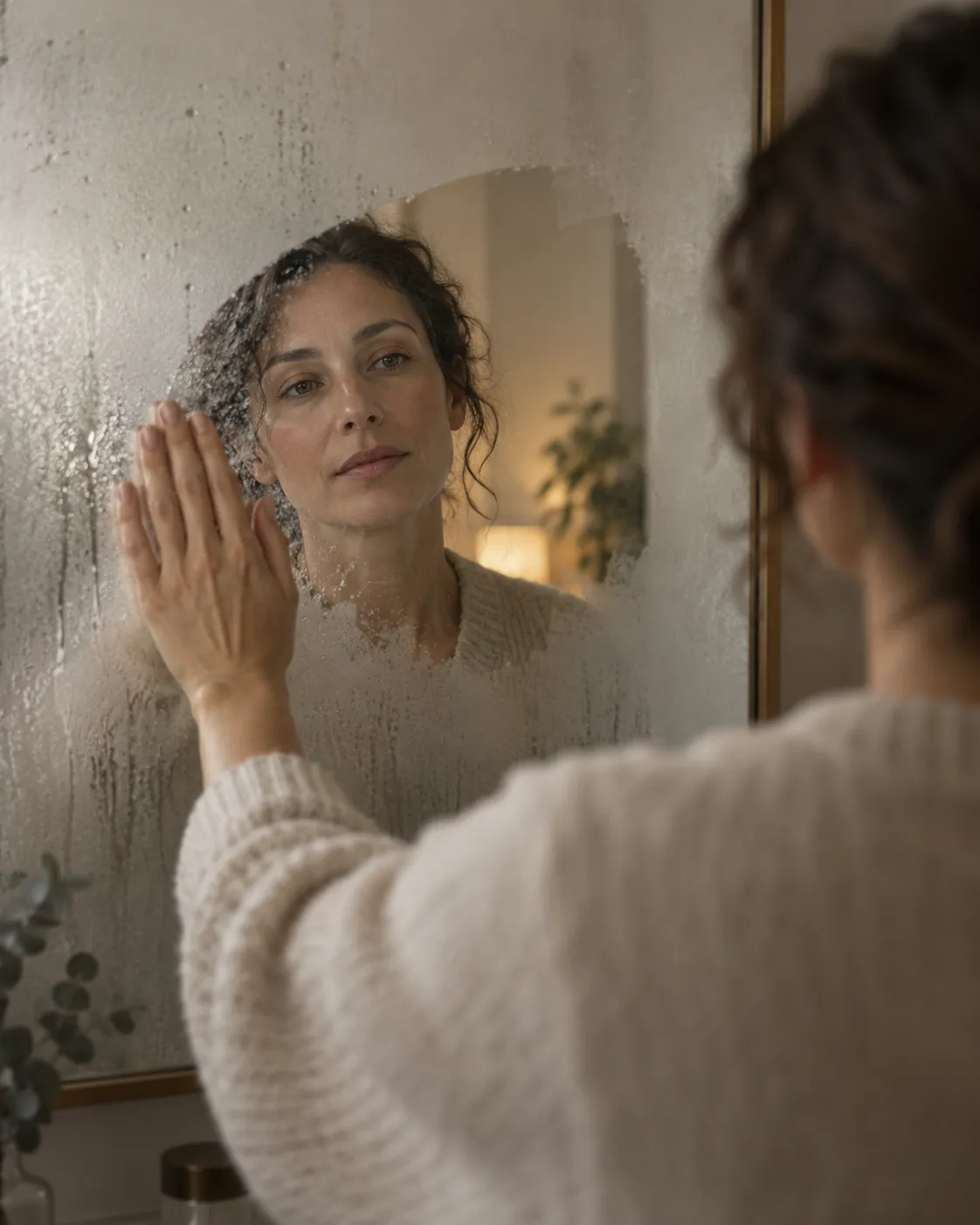Woman looking at her reflection in a bathroom mirror